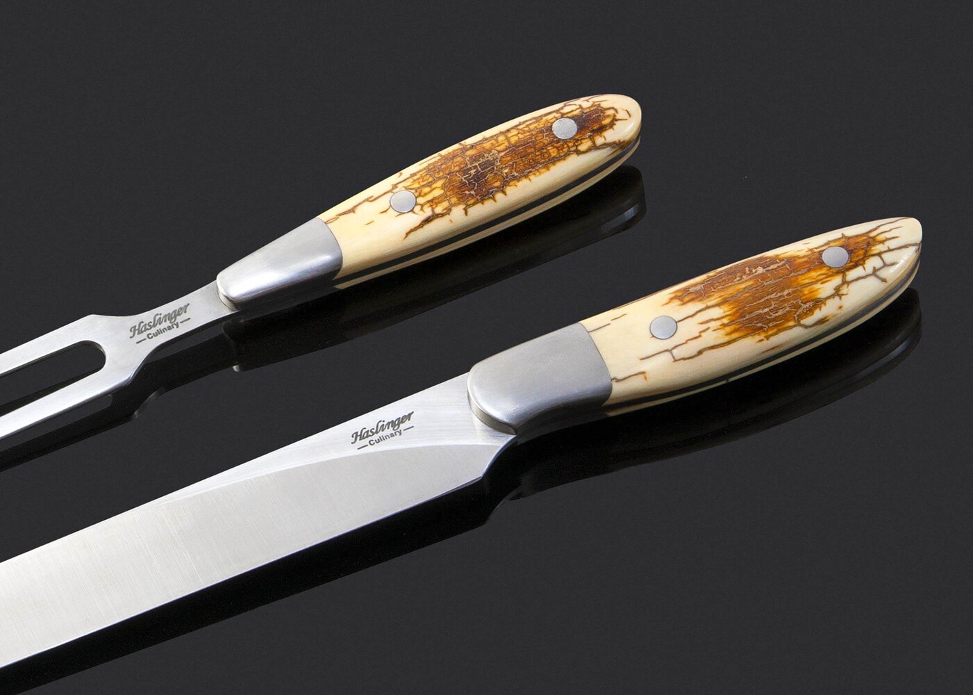 Mammoth Ivory and Stainless Steel Carving Set close up