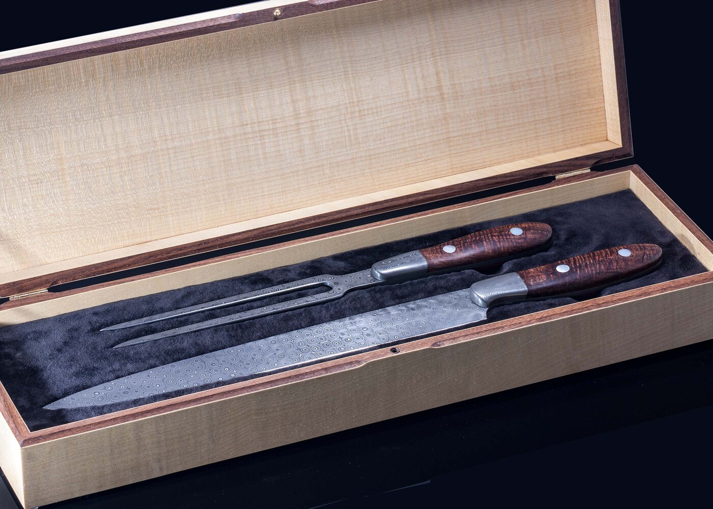 Raindrop Damascus and Premium Curly Koa Carving Set with display box