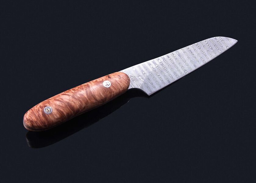 Santuko in Stainless Damascus with Maple Burl Handle other view