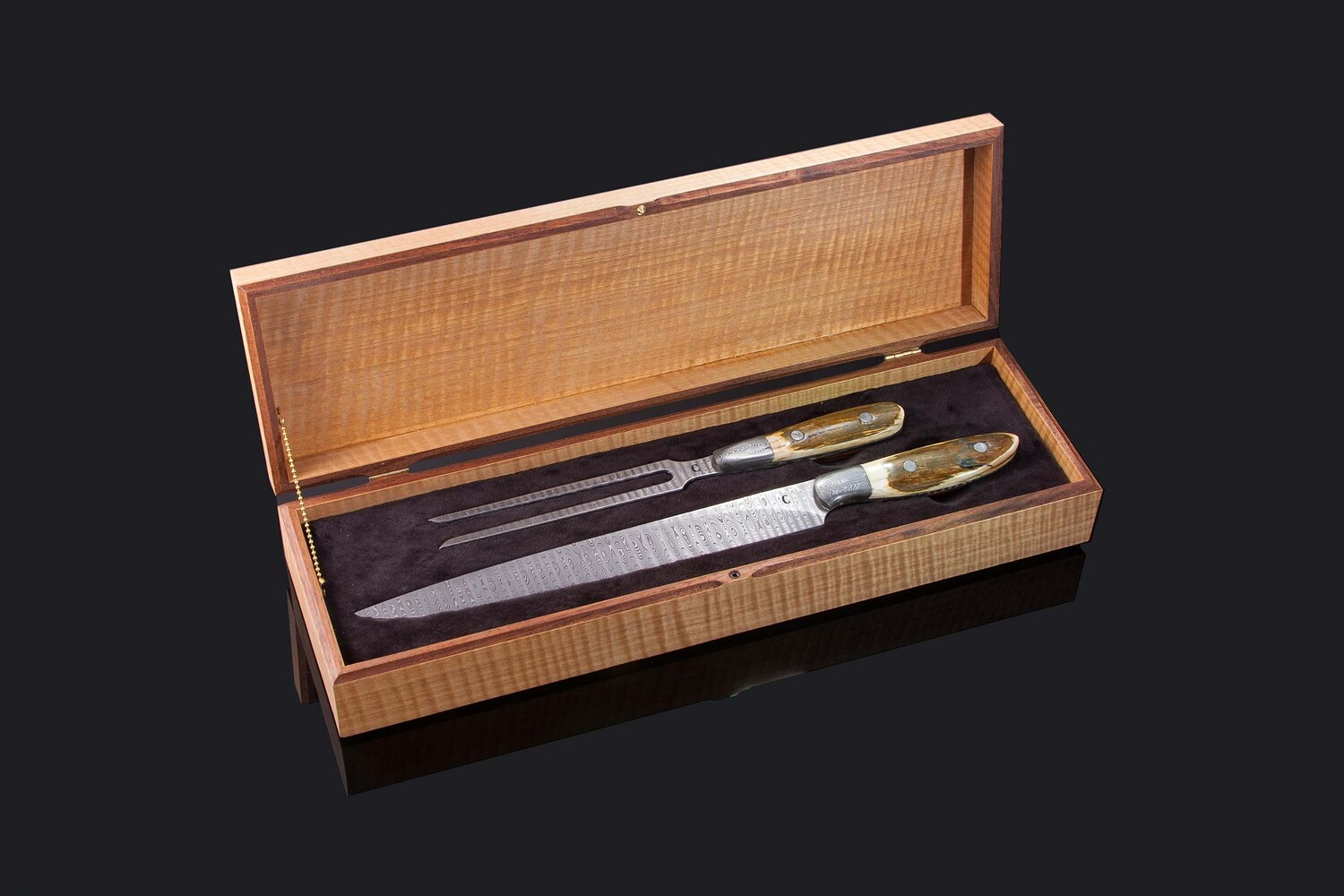 Stainless Damascus and Mammoth Ivory Carving Set open display box