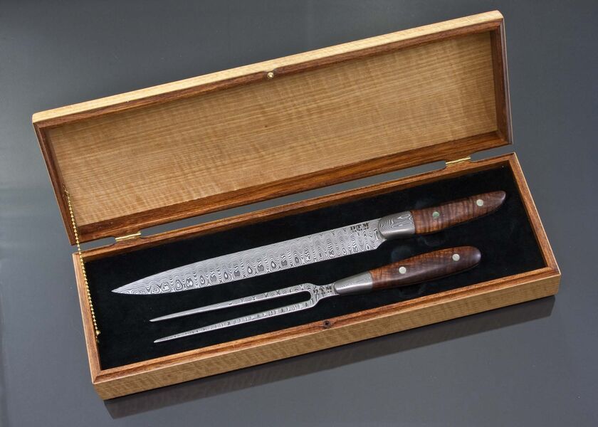 Damascus Carving Set Curly Koa in presentation box