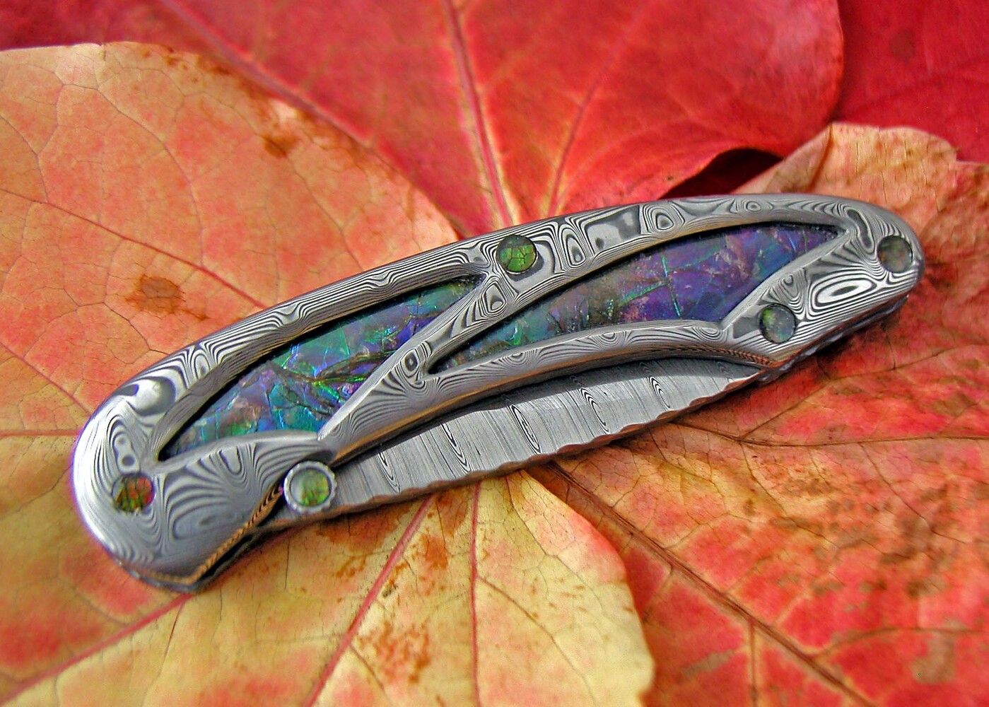Ammonite and Stainless Damascus dress folding knife closed view