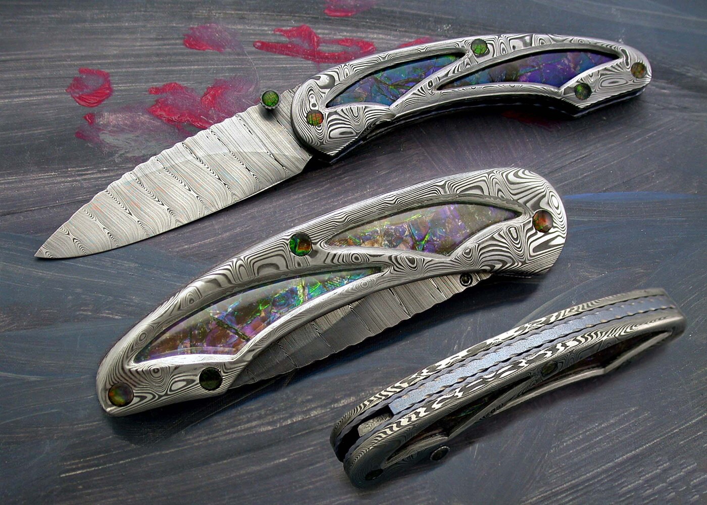 Ammonite and Stainless Damascus dress folding knife