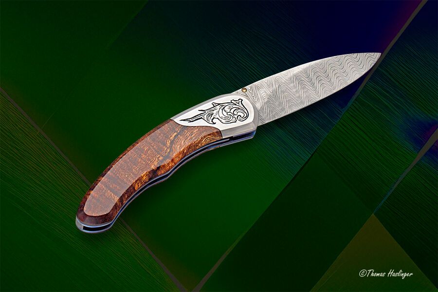 Engraved Stainess Ladder Damascus Spalted Koa Dress Folder left view