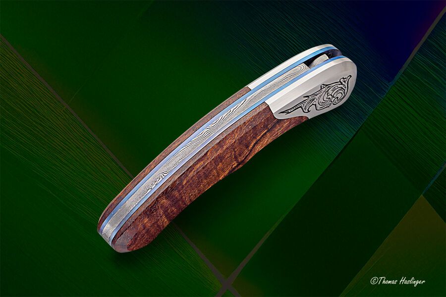 Engraved Stainess Ladder Damascus Spalted Koa Dress Folder spine view