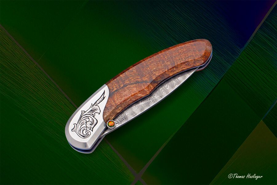 Engraved Stainess Ladder Damascus Spalted Koa Dress Folder closed view