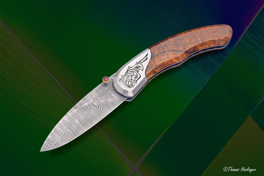 Engraved Stainess Ladder Damascus Spalted Koa Dress Folder open view