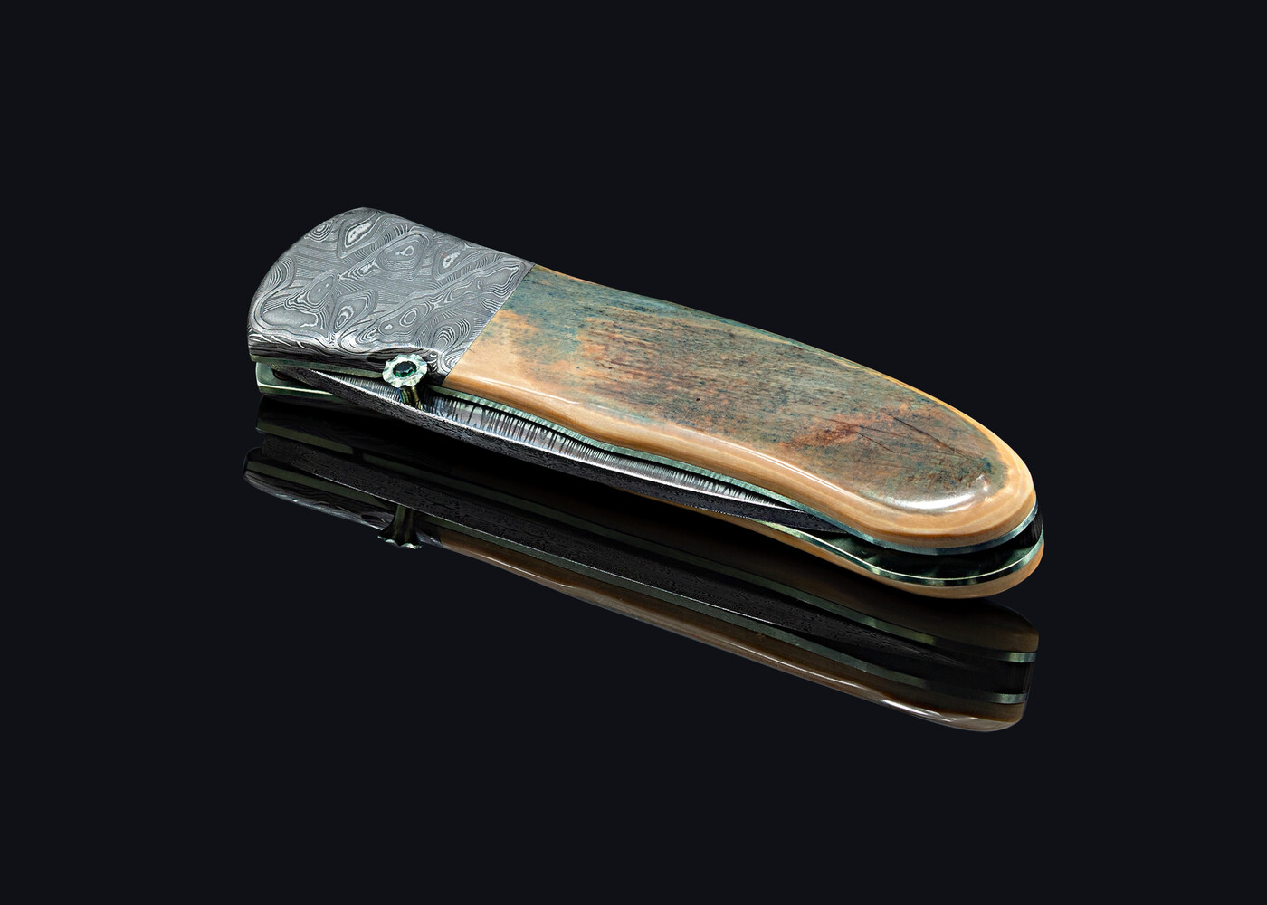 Green Toned Mammoth Ivory and Stainless Damascus Folding Knife closed view