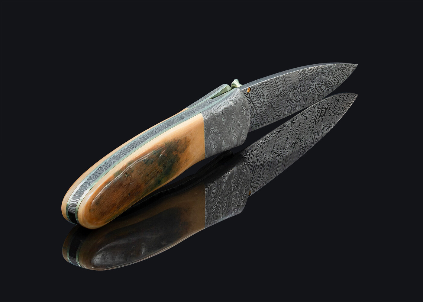 Green Toned Mammoth Ivory and Stainless Damascus Folding Knife side view