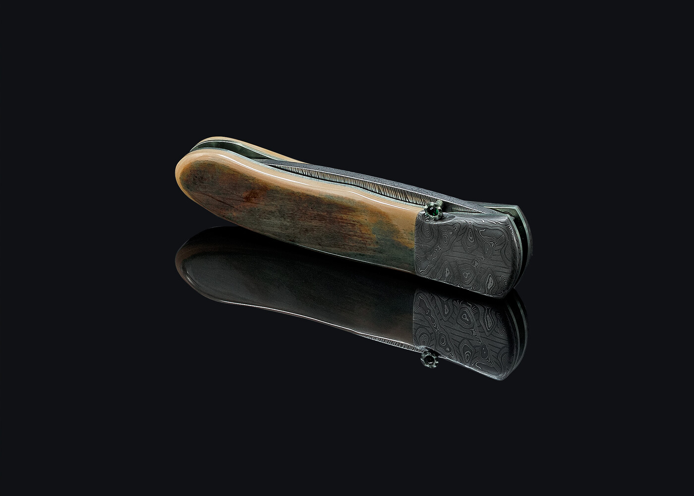 Green Toned Mammoth Ivory and Stainless Damascus Folding Knife belly view
