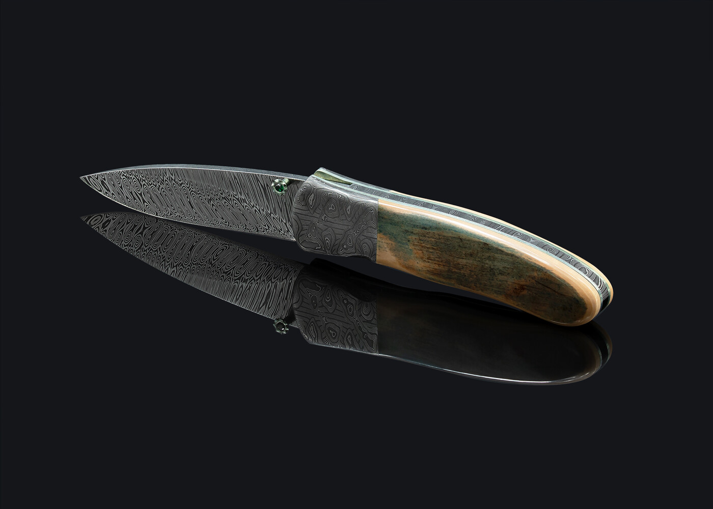 Green Toned Mammoth Ivory and Stainless Damascus Folding Knife profile view