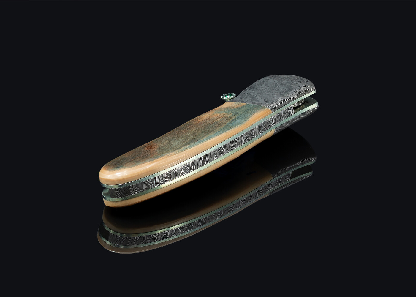 Green Toned Mammoth Ivory and Stainless Damascus Folding Knife closed view