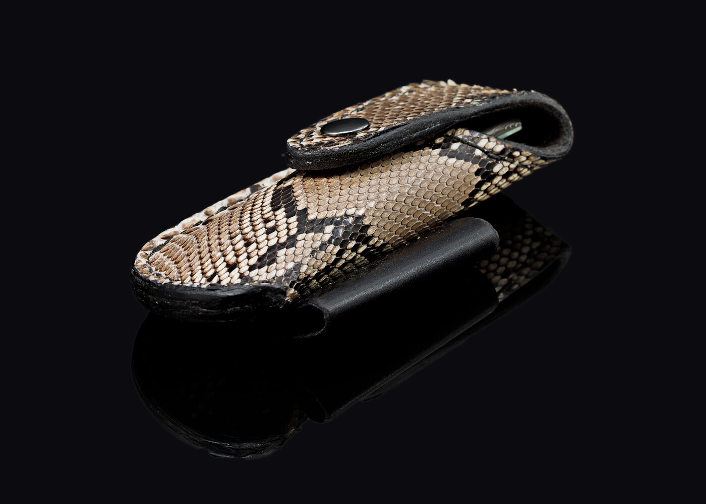 Green Toned Mammoth Ivory and Stainless Damascus Folding Knife python case