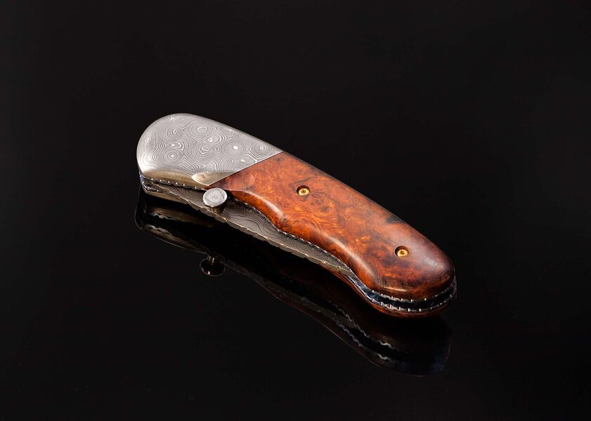 Raindrop Damascus and Ironwood Burl Folder closed view
