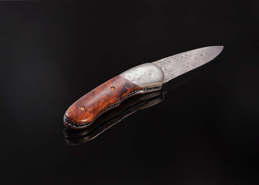 Raindrop Damascus and Ironwood Burl Folder right view