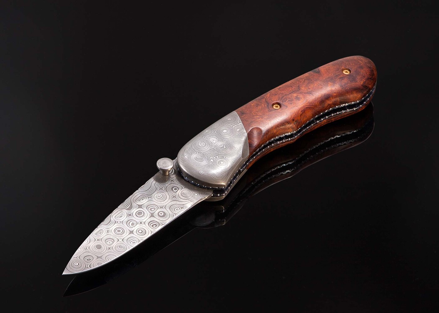 Raindrop Damascus and Ironwood Burl Folder open view