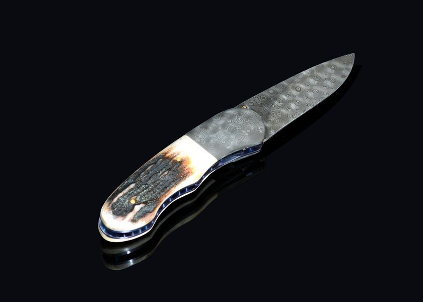 Sambar Stag and Damascus Folding Knife right view