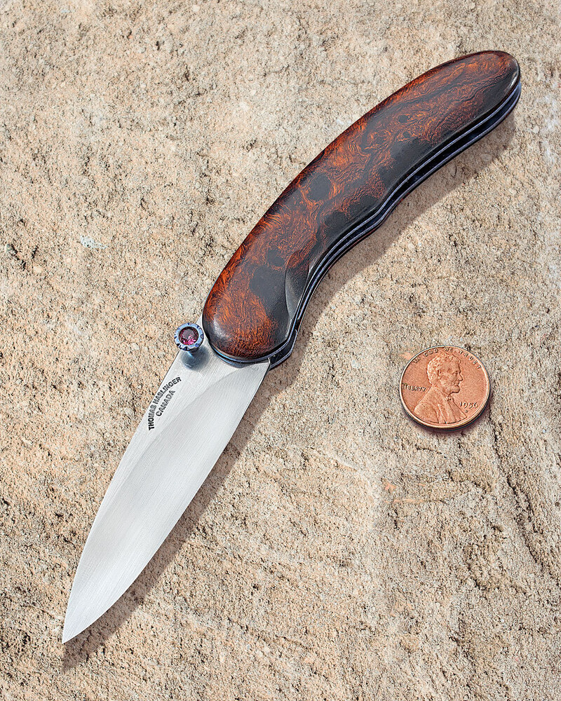 Stainless Bladed Folding knife with Ironwood and Ruby open view