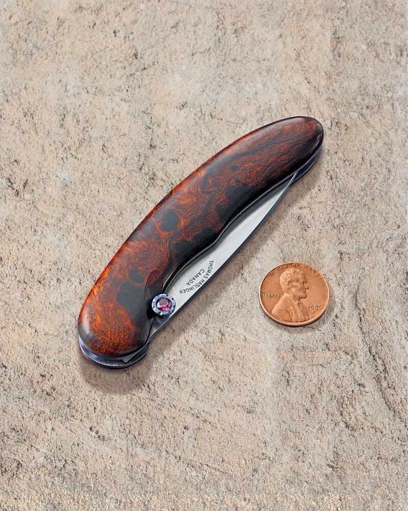 Stainless Bladed Folding knife with Ironwood and Ruby closed view