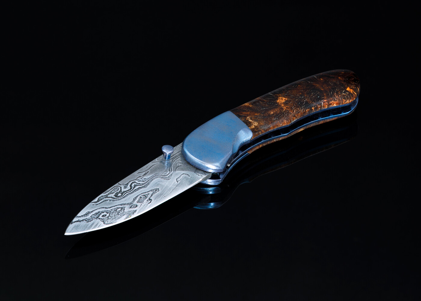 Textured titanium spalted maple and Damascus folder other view