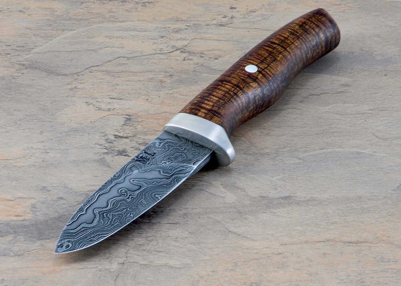 Aberdeen Damascus Hunter with Curly Koa Handle and Pearl Inlay