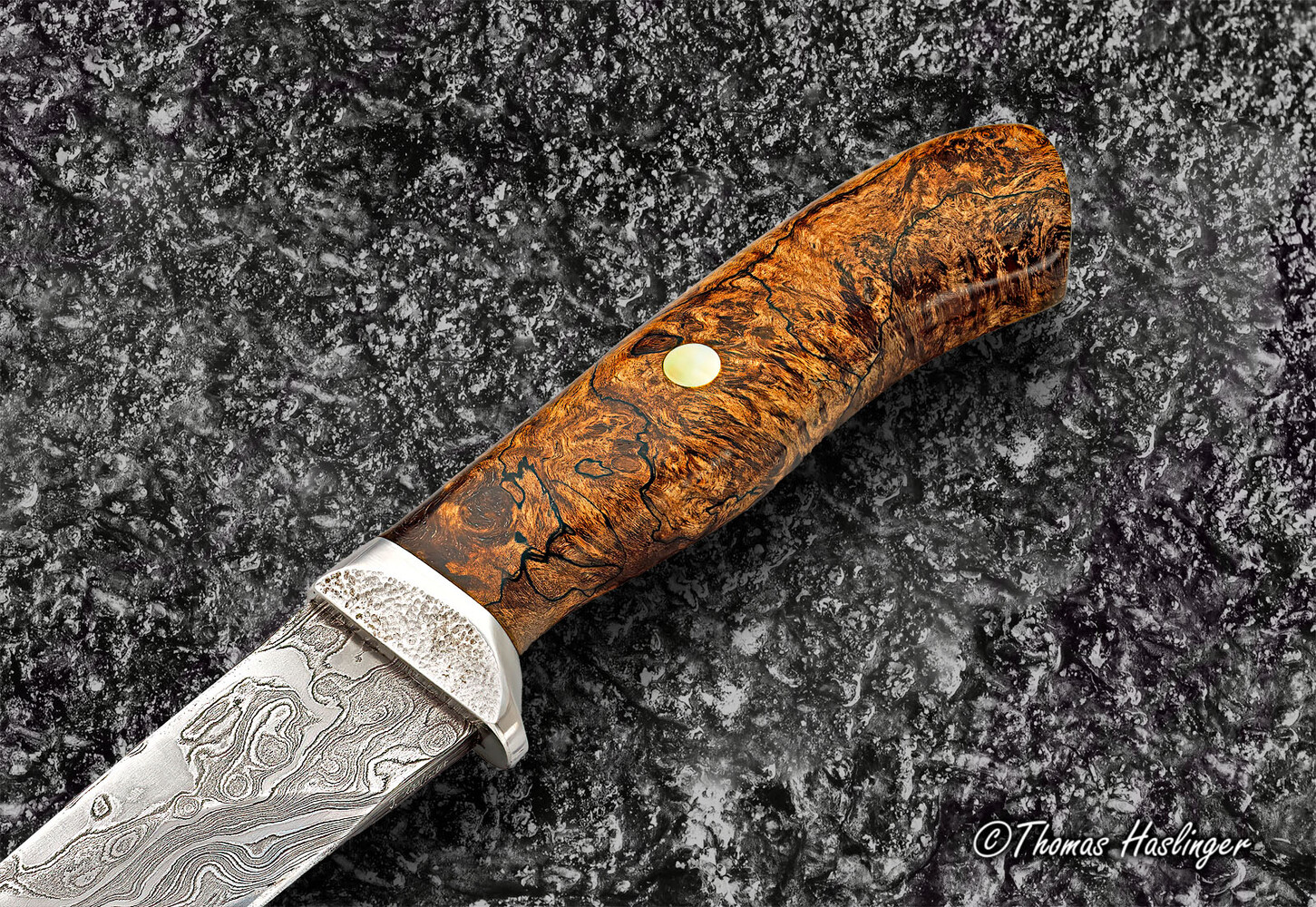Begbie Damascus and Maple Burl Hunting Knife close up view