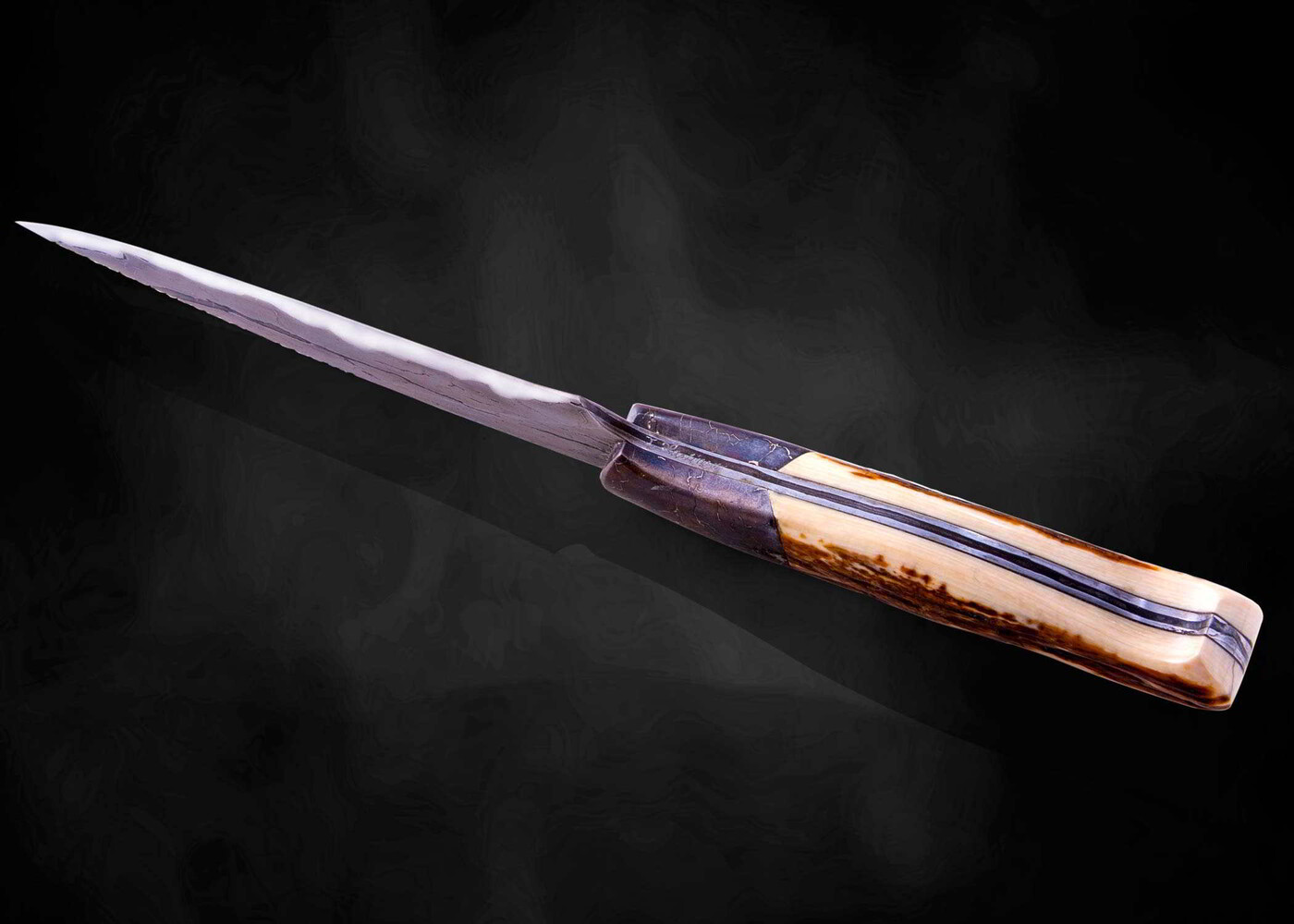 Campo de Cielo Meteorite and O1 Damascus Hunting Knife bottom view