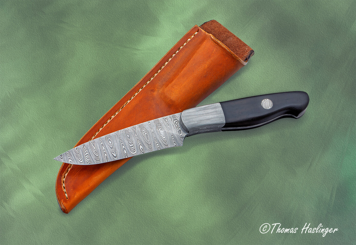 Cape Breton Hunter in Ladder Damascus and Ebony Handle with sheath