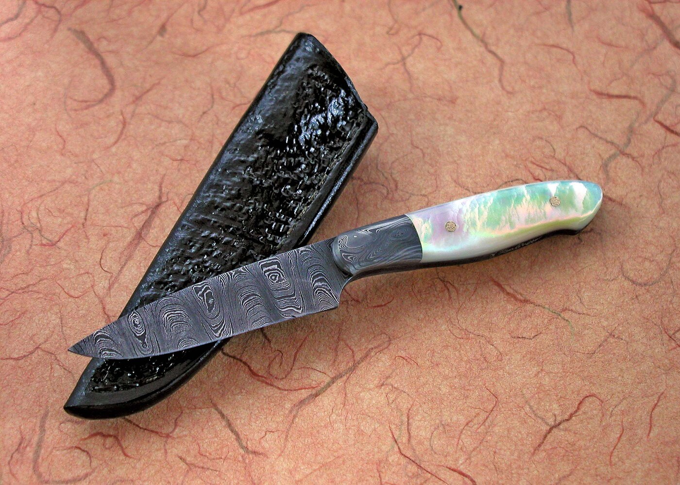 Damascus Bird and Trout Knife with Mother of Pearl leather sheath