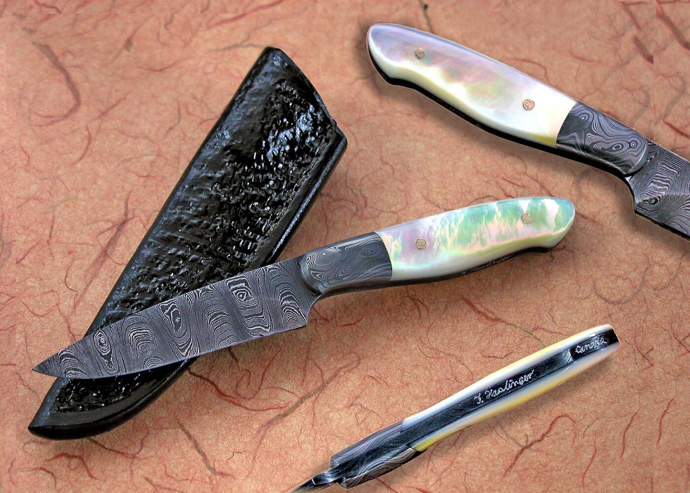Damascus Bird and Trout Knife with Mother of Pearl
