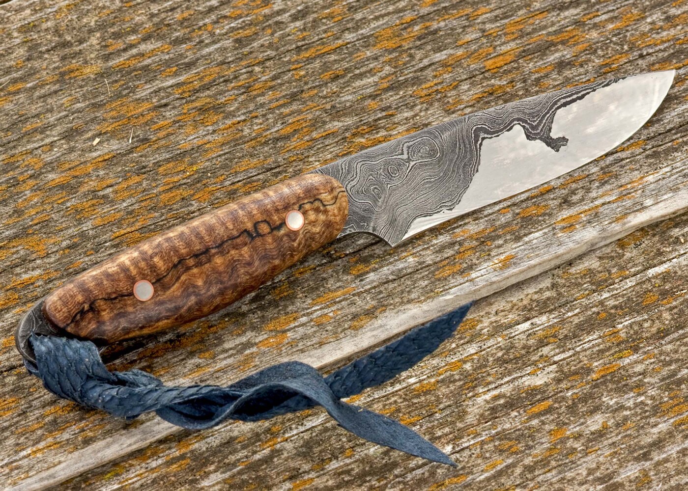 Kernmantel Damascus Bird and Trout Knife with spalted maple handle other view