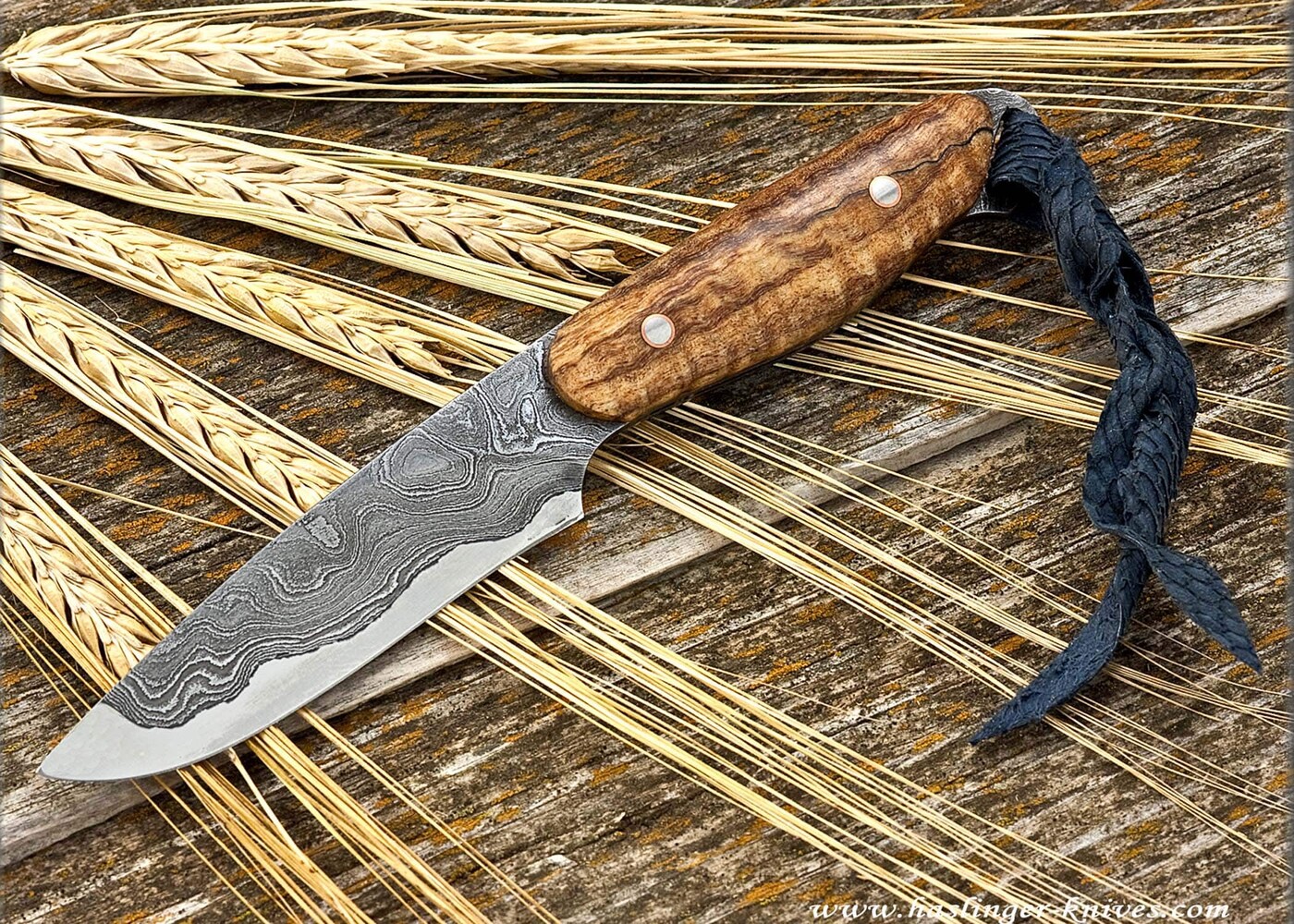 Kernmantel Damascus Bird and Trout Knife with spalted maple handle