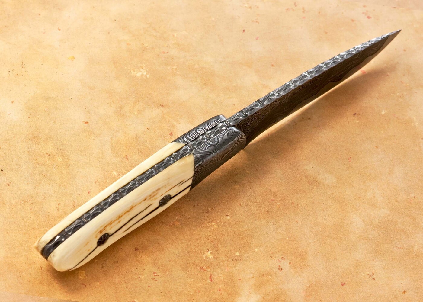 Kernmantle Damascus and Mammoth Ivory Hunter spine view