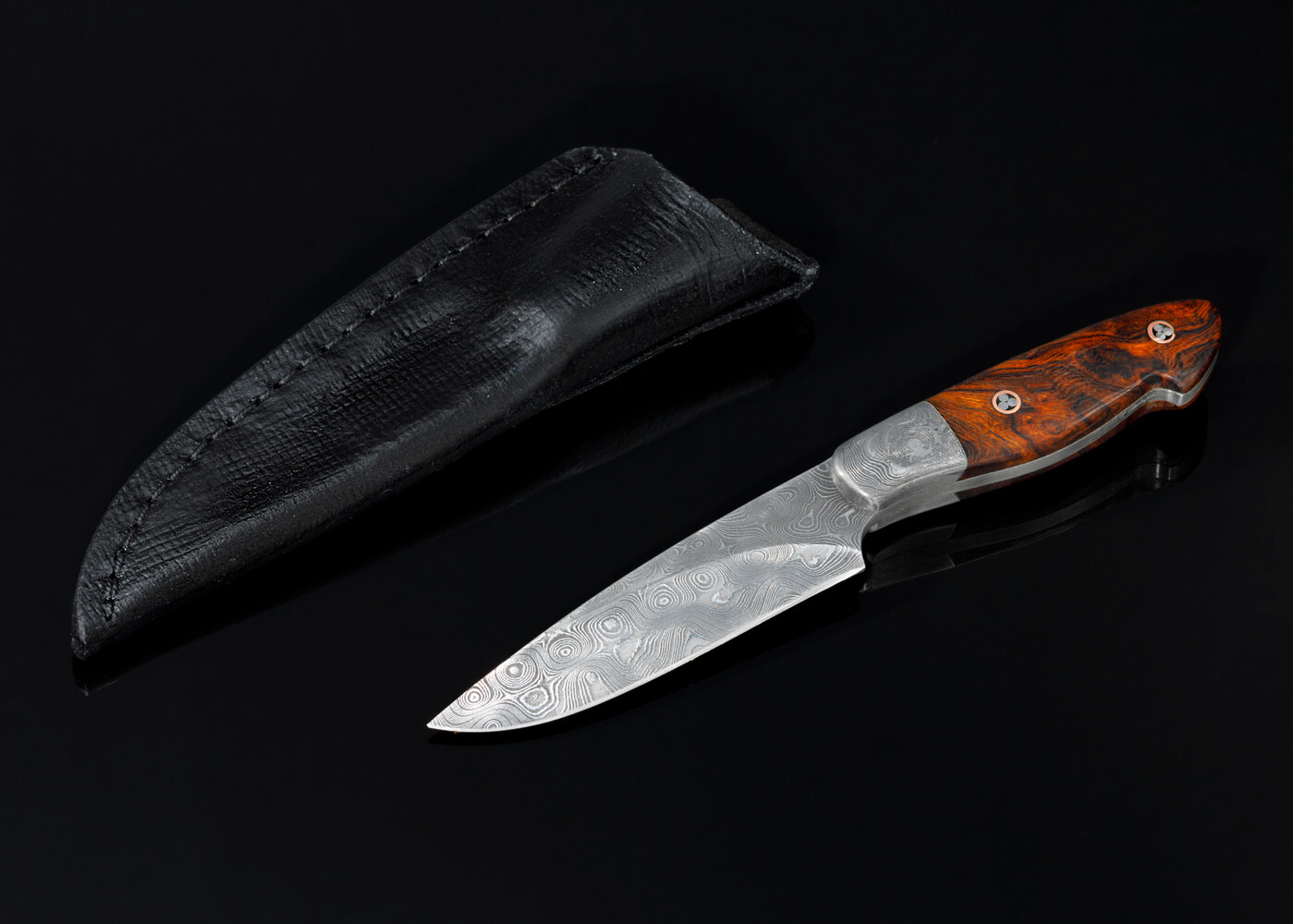 Raindrop Damascus Bird and Trout Knife with Desert Ironwood Handle with sheath
