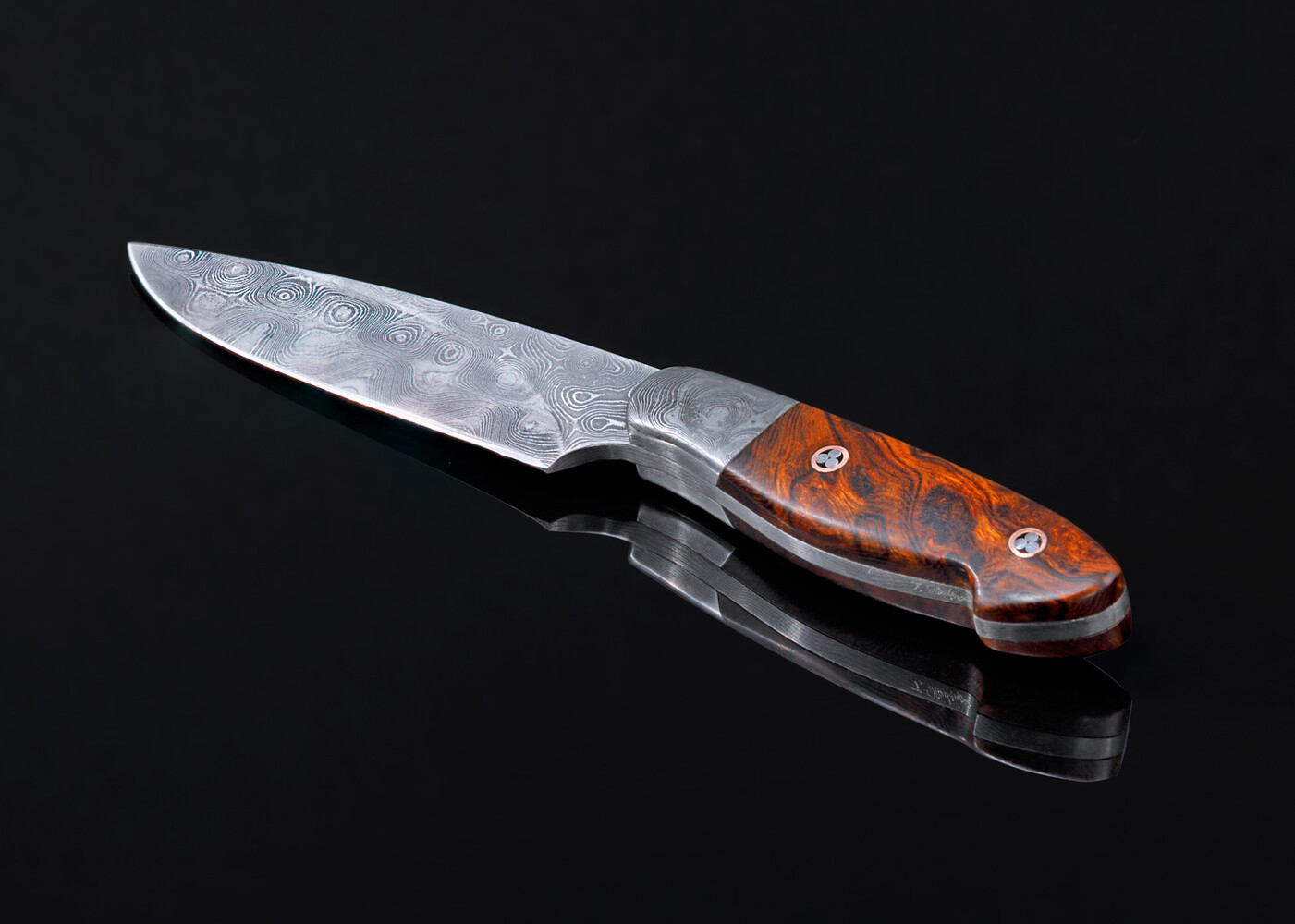 Raindrop Damascus Bird and Trout Knife with Desert Ironwood Handle side view
