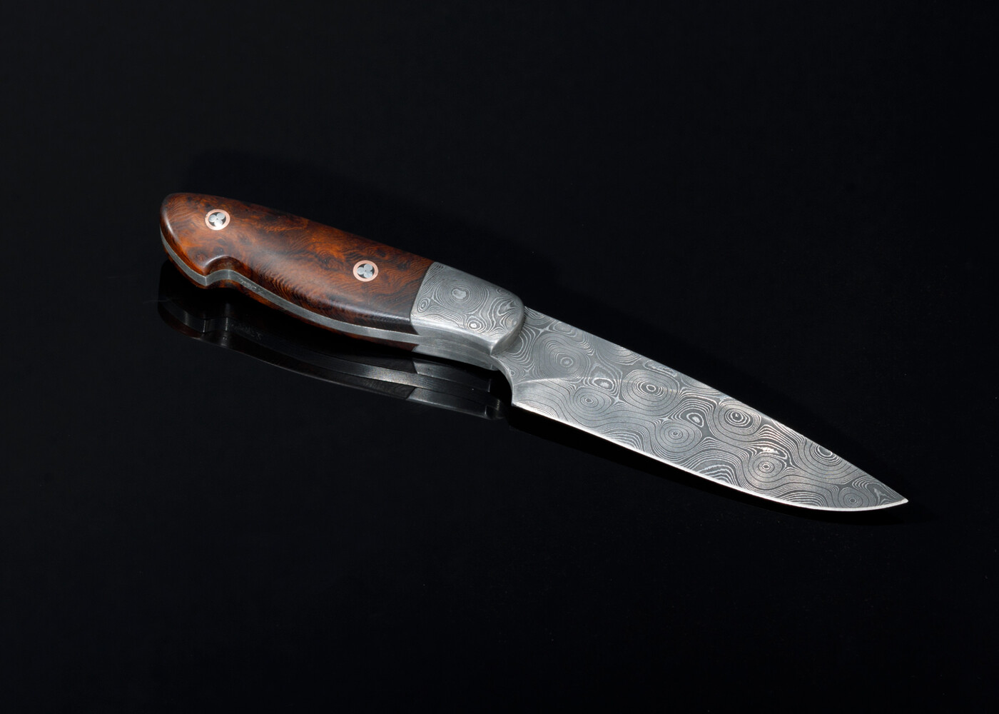 Raindrop Damascus Bird and Trout Knife with Desert Ironwood Handle offside view