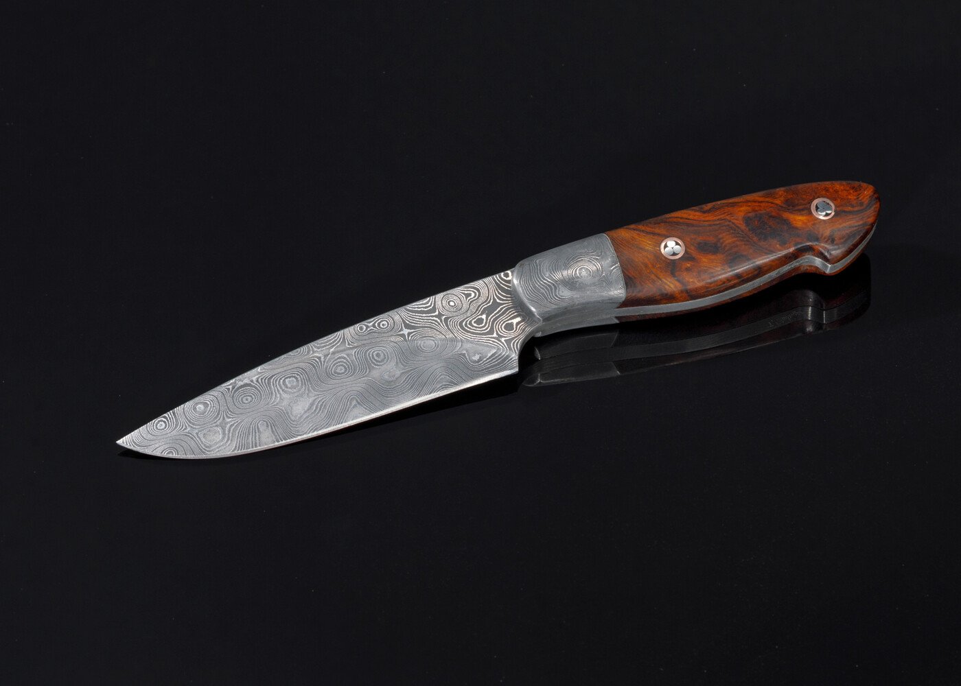 Raindrop Damascus Bird and Trout Knife with Desert Ironwood Handle