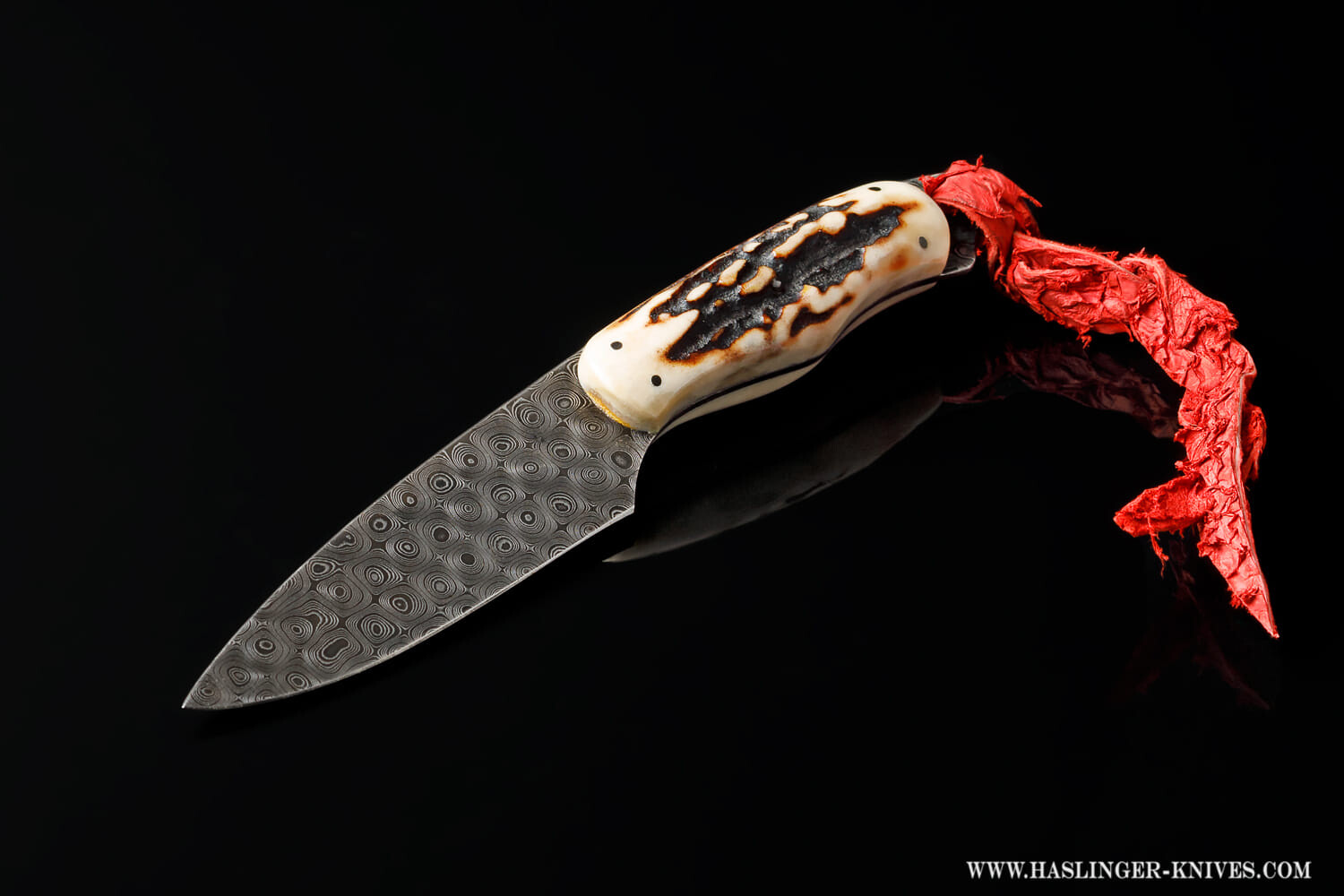 Raindrop Damascus Stag Handled Bird and Trout Knife with textured leather sheath main view