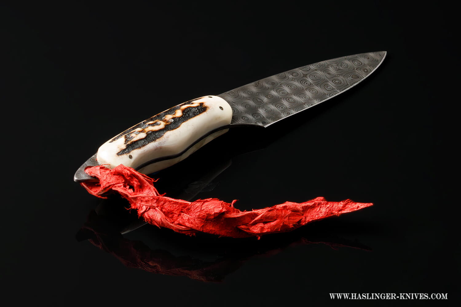Raindrop Damascus Stag Handled Bird and Trout Knife with textured leather sheath alternate view