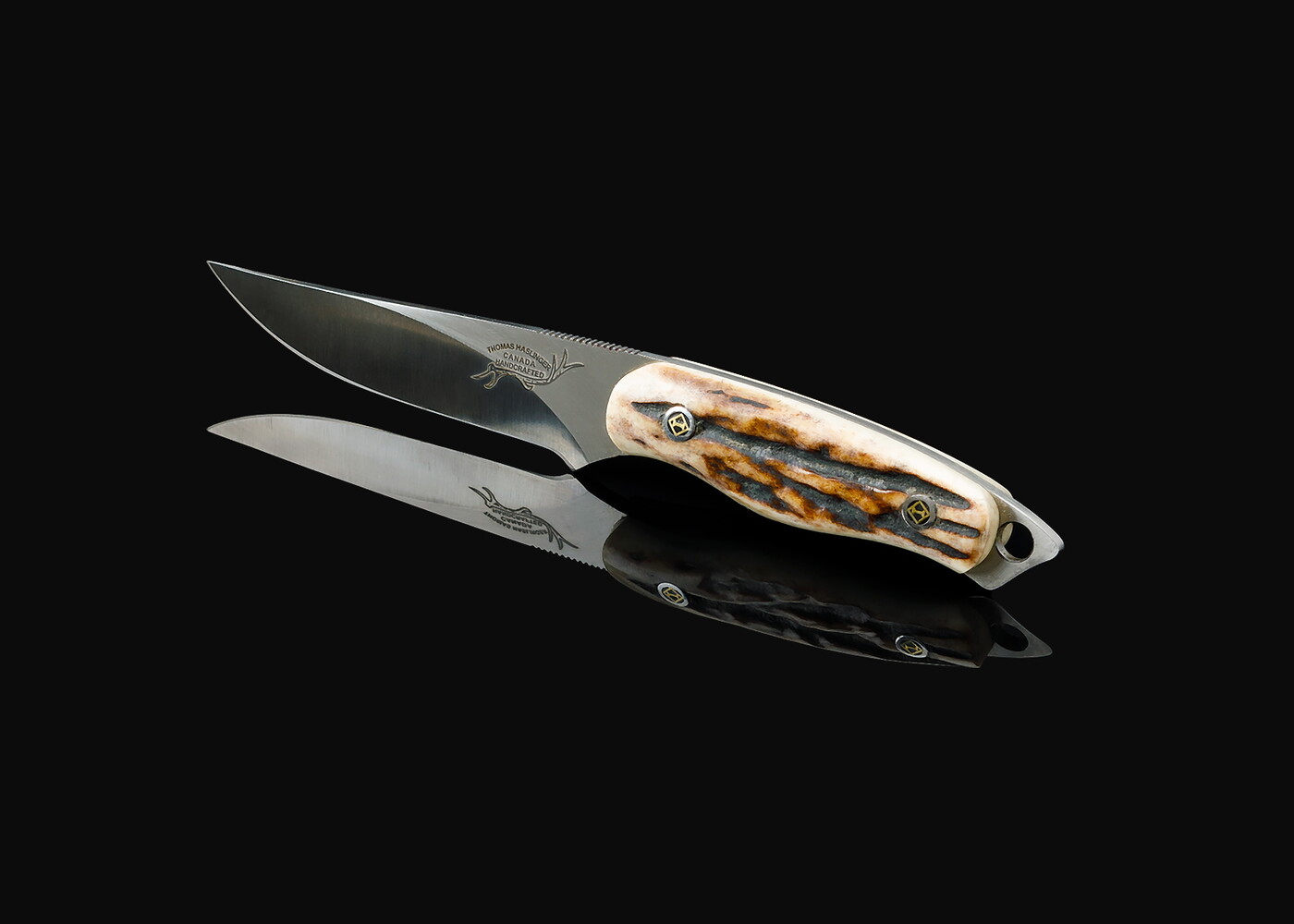 Stag Bird and Trout Knife with a CPM S30V Steel Blade with leather sheath side view