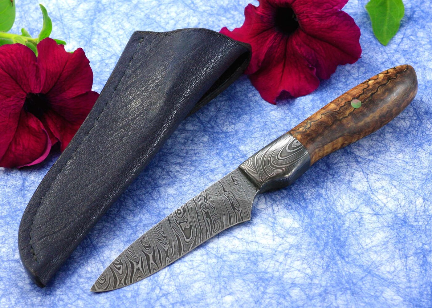 Twisted Damascus and Maple Hunter sheath view