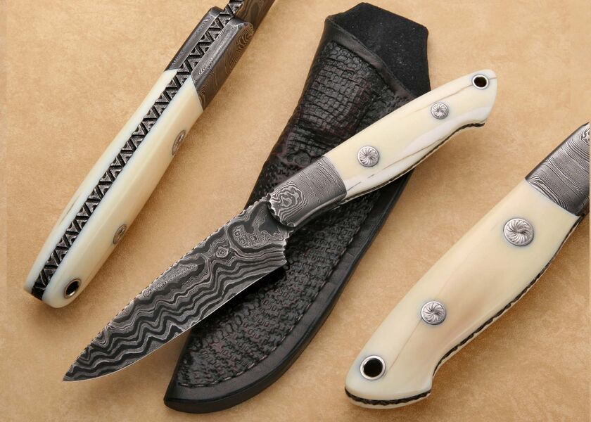 Walrus and Damascus Hunter Knife Engraved