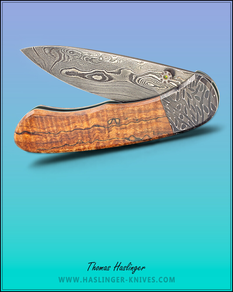 Spalted Maple &amp; Peridot Mosaic Twist Damascus Dress Folder main view