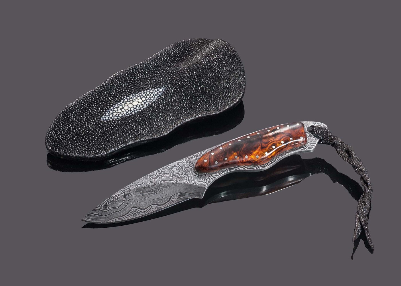 Desert Ironwood and Damascus Dress Knife with Sting Ray Sheath alternative view