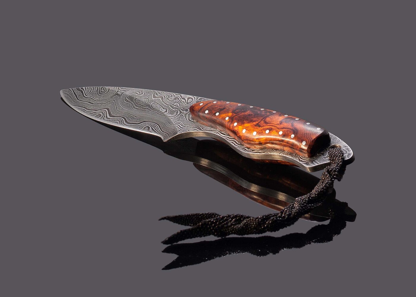 Desert Ironwood and Damascus Dress Knife with Sting Ray Sheath main view