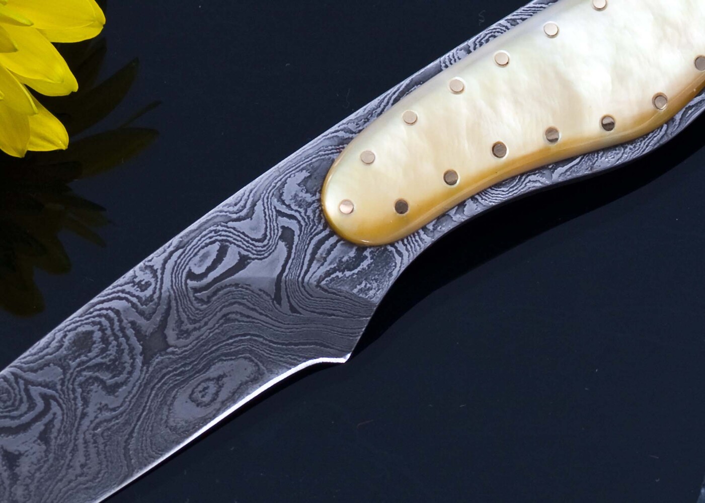 Gold Lip Pearl and Damascus Dress Knife close up