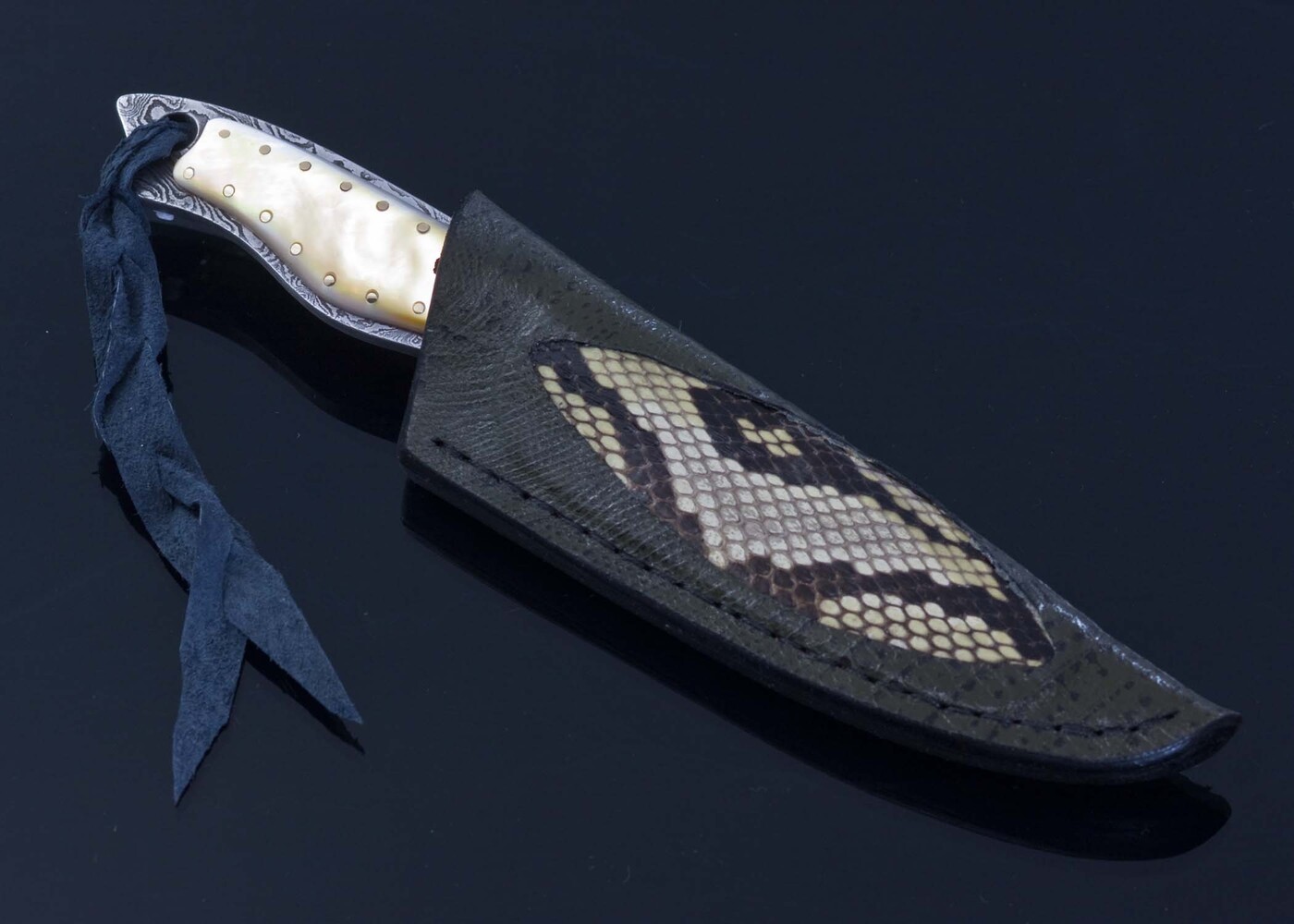 Gold Lip Pearl and Damascus Dress Knife Solid Gold Pins Python Sheath