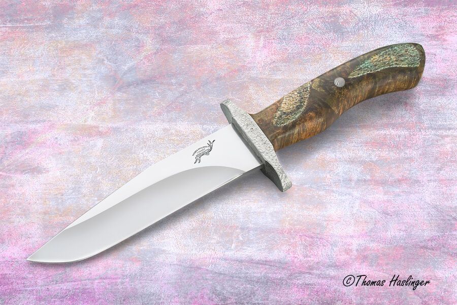 Textured Buckeye Burl Handled Bowie Haslinger logo view