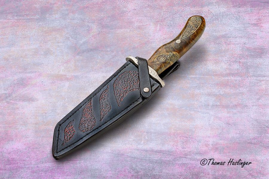 Textured Buckeye Burl Handled Bowie with sheath right view