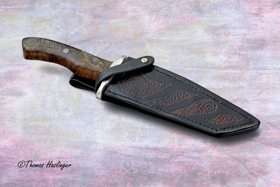 Textured Buckeye Burl Handled Bowie with sheath
